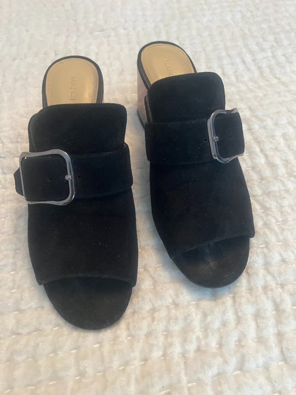 Marc Fisher Rima‎ Suede Buckle Peep Toe Slide Mules (7.5)